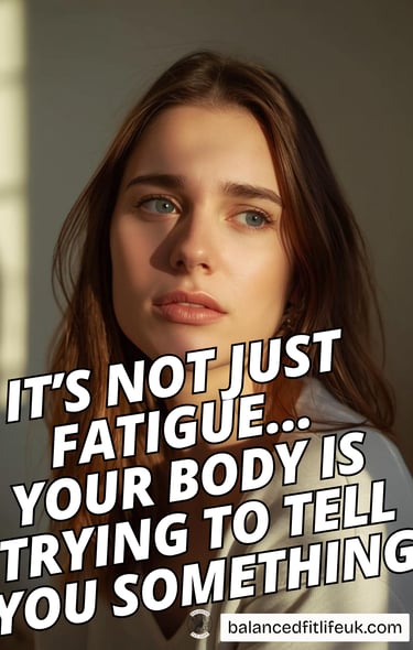 Tired woman looking thoughtful with text about chronic fatigue and body wellness signals.