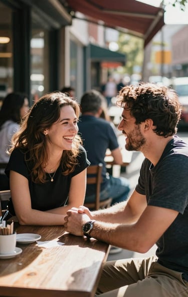 A candid shot of a couple sharing a laugh at a bustling North American sidewalk cafe, natural skin tones, sun-drenched atmosphere.