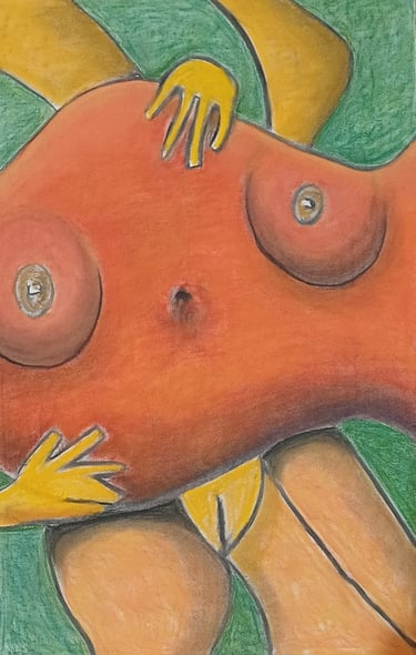 Rabbit — rotated female figure, abstract soft pastel in blue, orange and green, by Zanda