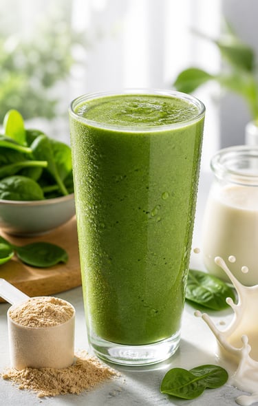 Batido verde de proteínas con espinaca y leche vegetal, desayuno saludable energético