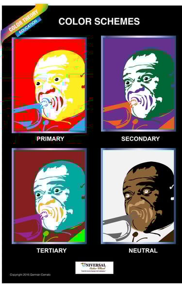 Louis Armstrong pop art poster showing primary, secondary, tertiary, and neutral color schemes.