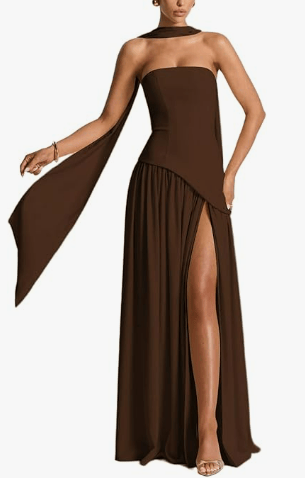 dark brown strapless dress with high slit and neck scarf