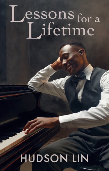 Smiling Black man in a tuxedo playing a grand piano for Lessons for a Lifetime by Hudson Lin.