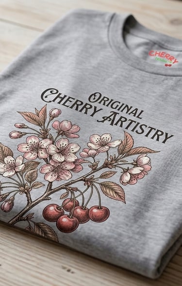 Camiseta gris con diseño botánico de flores de cerezo y texto Original Cherry Artistry.