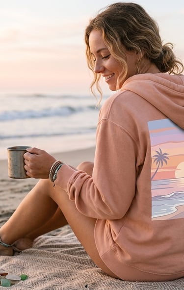 Sudadera rosa con capucha e ilustración de atardecer con palmeras. Ropa estilo surfero mujer.