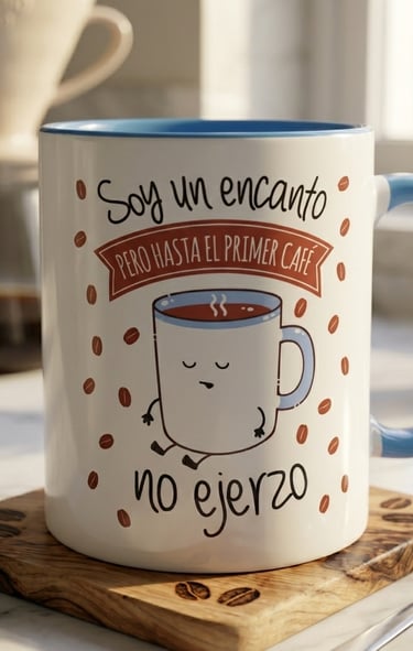 Taza con frase: Soy un encanto pero hasta el primer café no ejerzo. Regalo original para café.
