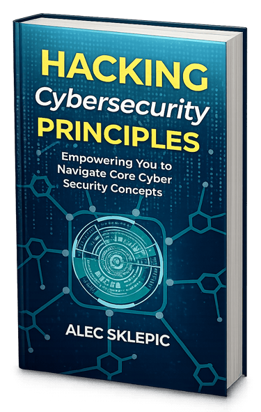 Hacking Cybersecurity Principles book cover by Alec Sklepic featuring a digital blue tech theme.