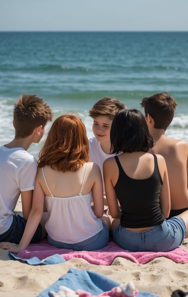 Gruppo di 5 bambini seduti sui teli in spiaggia a chiacchierare