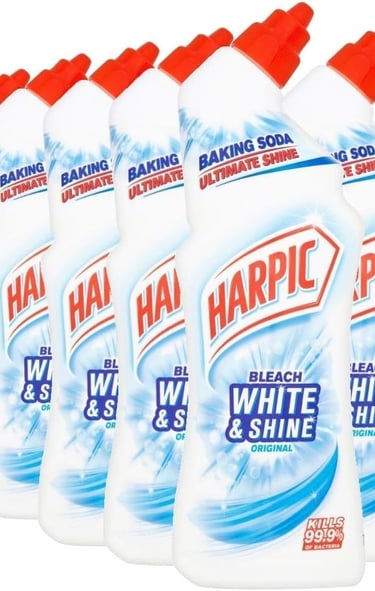 Six bottles of Harpic Bleach White and Shine toilet cleaner with baking soda for ultimate bathroom hygiene.