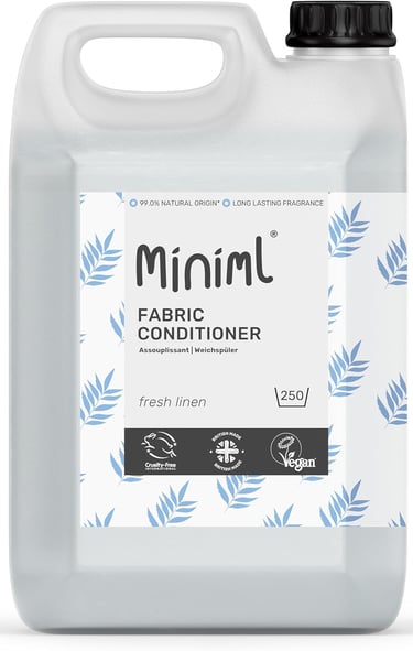 Miniml fresh linen fabric conditioner in a large eco-friendly refill bottle with vegan and cruelty-free logos.
