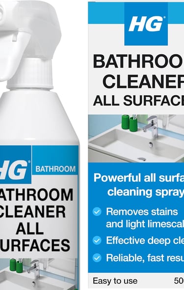 HG Bathroom Cleaner All Surfaces spray bottle for removing stains and limescale.