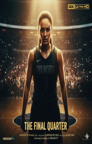 Movie poster for The Final Quarter featuring a female basketball player standing in a crowded arena stadium.