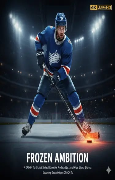 Professional ice hockey player in a blue jersey skating on ice for the Frozen Ambition TV series poster.