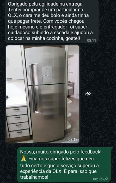 Depoimento de cliente satisfeito com a geladeira usada e a garantia
