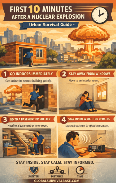 post nuclear explosion survival infographic showing steps to stay safe reduce exposure and survive after a nuclear blast