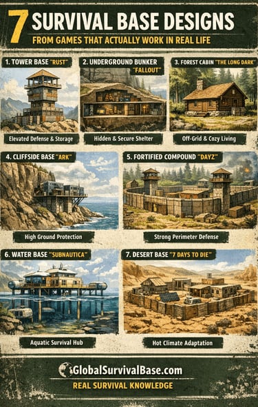 survival base designs infographic showing bunker and shelter ideas for crisis situations