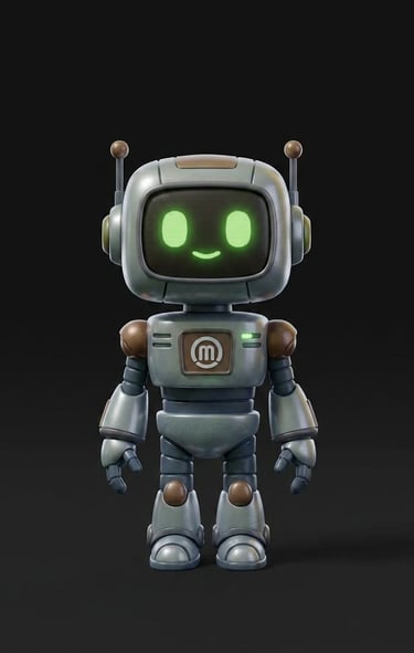 Cute 3D silver robot mascot with glowing green eyes and a friendly digital smile.