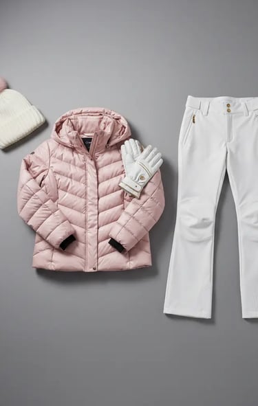 Flat lay of a complete women's ski outfit: light pink quilted jacket, white ski pants, matching glov