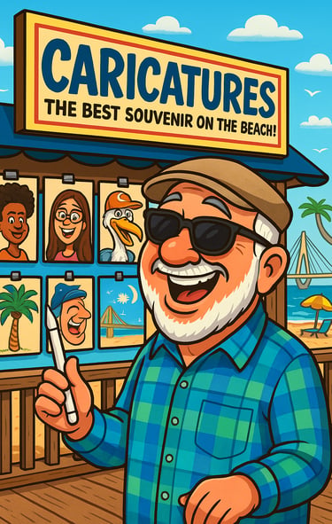 A cartoon of Opa drawing cartoons of people at the beach