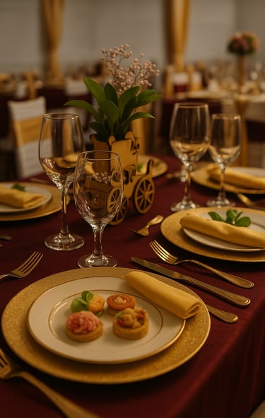 Detalle de mesa elegante con platos dorados, copas de cristal y mini canapés en Magic Party, Quito