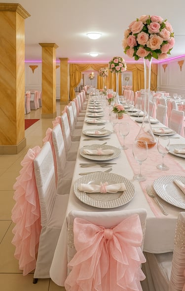 Decoración en tonos rosados con moños en las sillas, arreglos florales altos y ambiente romántico pa
