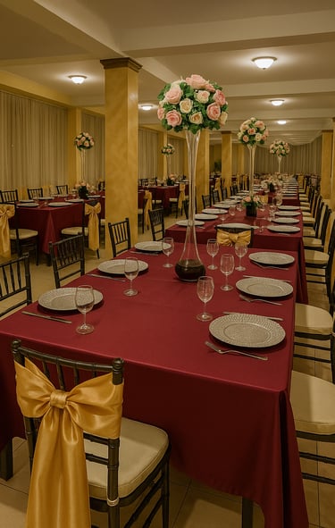 Montaje de mesas con manteles burdeos, sillas con lazos dorados y centro de mesa floral en salón de 