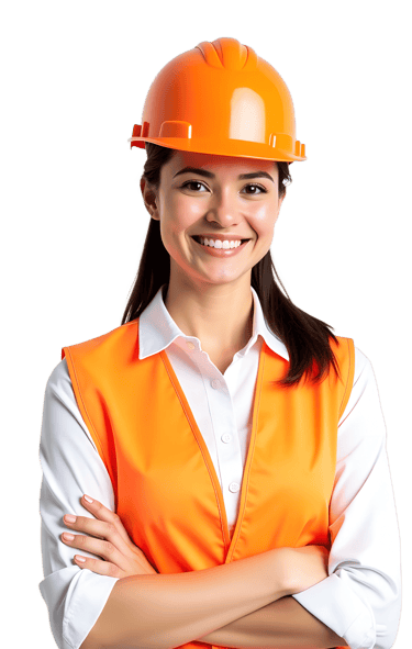 Smiling female construction engineer wearing an orange hard hat and safety vest with arms crossed.