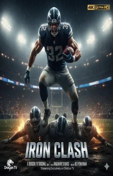 Professional American football player in action running over defenders in a lit stadium for Iron Clash.