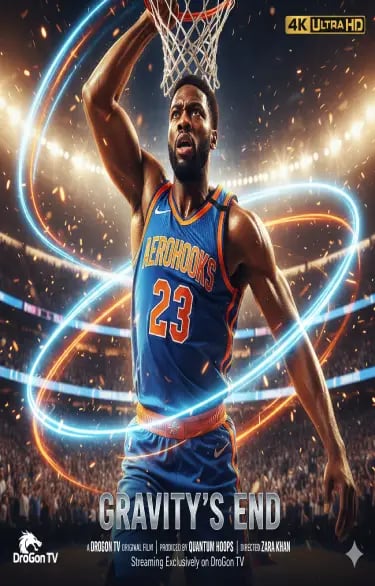 Professional basketball player jumping for a slam dunk in a cinematic sports movie poster titled Gravity's End.