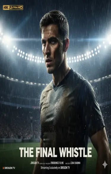Movie poster for The Final Whistle featuring a soccer player in a rainy stadium under bright lights.