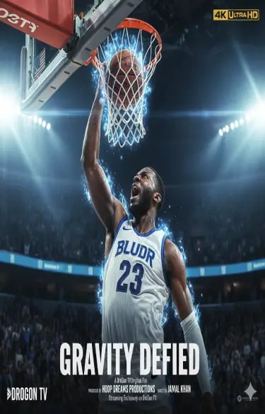 A cinematic basketball poster of a player performing a slam dunk with electric blue energy effects.