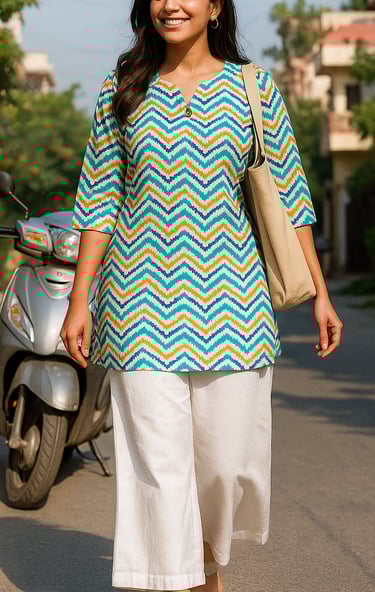 a woman in a blue and white dress and a scooter
