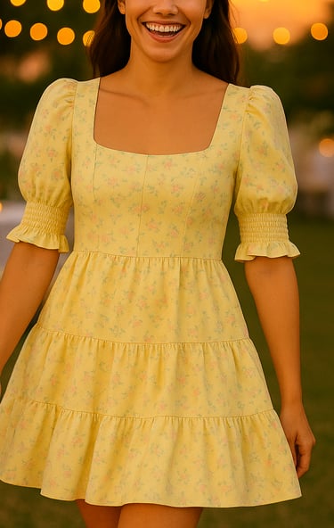 a woman in a yellow dress smiling and holding a cell phone
