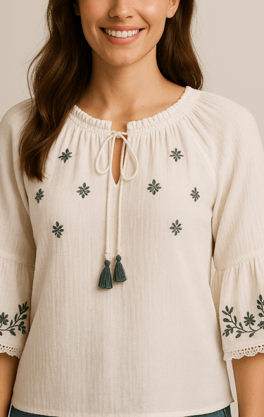 a woman in a white blouse and jeans jeans