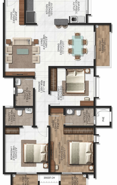 Brigade Lakecrest 3 BHK with Maid's Room and Office Floor Plan