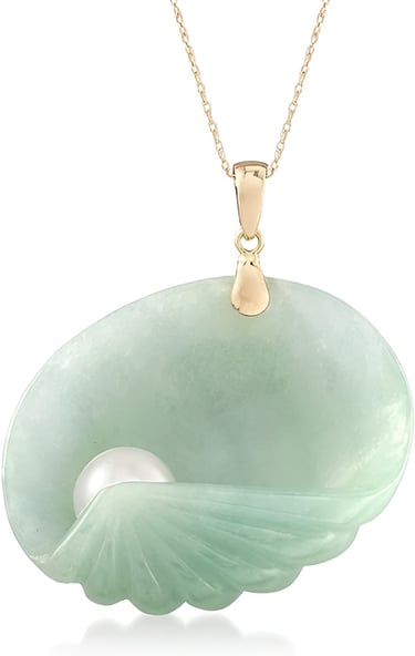Cultured Pearl and Jade Seashell Pendant Necklace in 14kt Yellow Gold