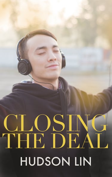 A man wearing headphones with eyes closed on the book cover of Closing the Deal by Hudson Lin.