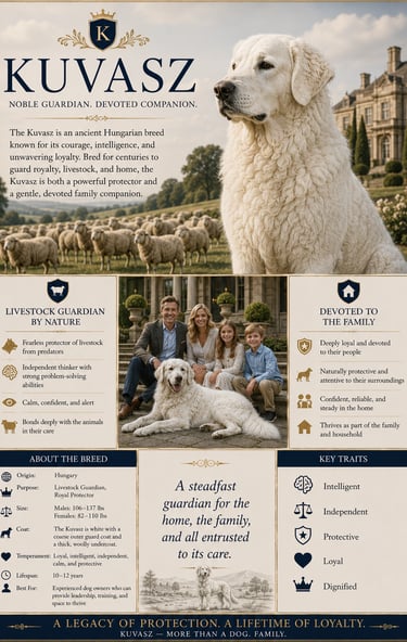Kuvasz dog breed infographic showing a Hungarian guard dog with sheep and a happy family.