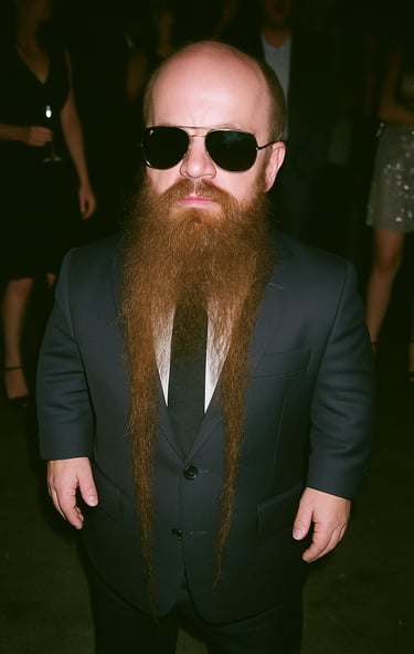 Un nain avec une grande barbe et des lunettes de soleil pour la journée mondiale de la barbe.