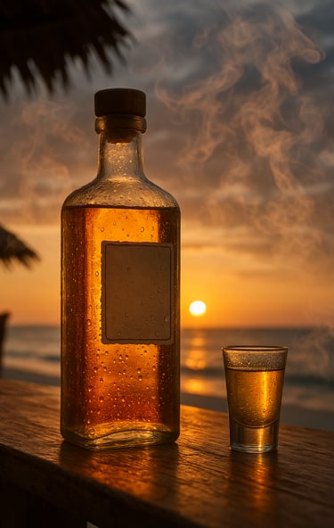 Bouteille de tequila sur un bar avec un coucher de soleil pour la journée nationale de la tequila