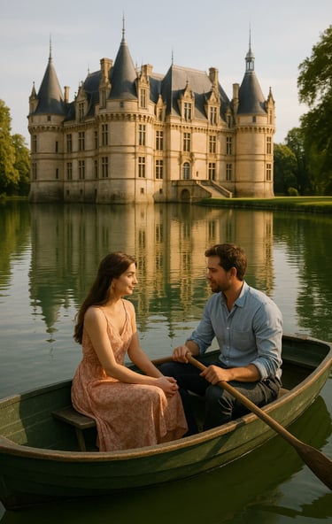 Un couple en barque, balade romantique dans les douves d'un château pour la journée internationale.