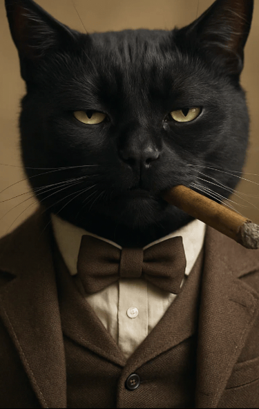 Un chat noir en costume avec un cigare pour la journée internationale des chats.