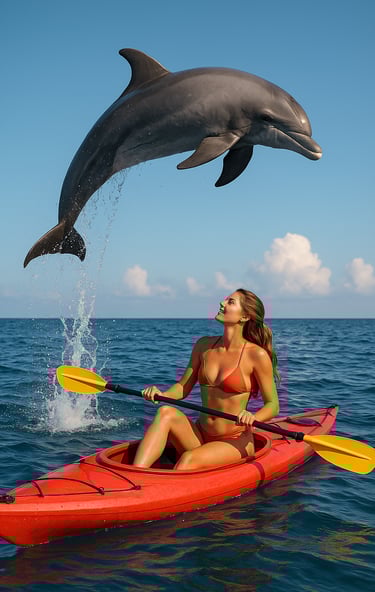 Un dauphin saute au dessus d'une femme en canoë pour la journée mondiale des dauphins