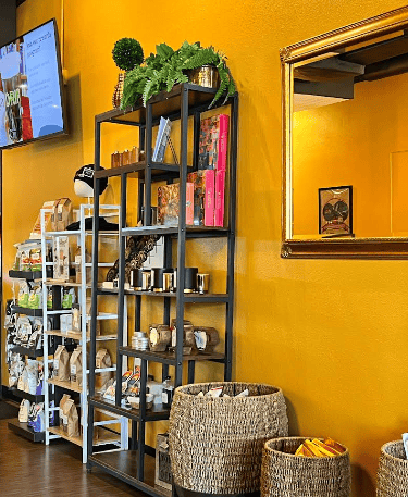 Shelf display items inside Drip Coffee House