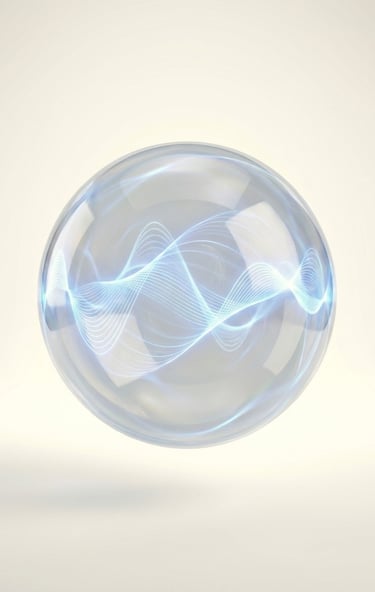 A glass crystal sphere containing glowing blue digital sound wave frequencies on a white background.