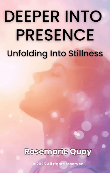 Deeper Into Presence meditation book cover by Rosemarie Quay featuring a peaceful woman's profile.