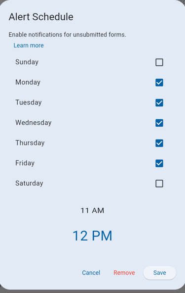 The pop up tab that comes up when you select the bell on the QC form tab. Allows you to select dates