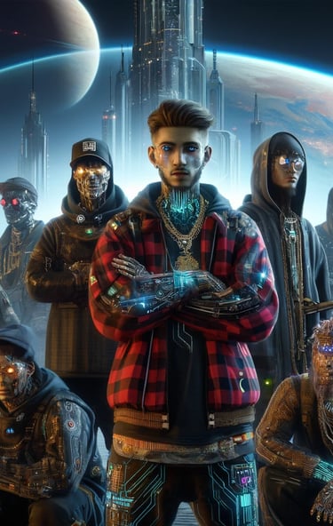 a group of people standing in front of a city