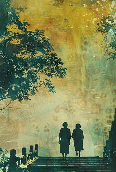 Two people walking on a forest path, symbolising guidance and care.