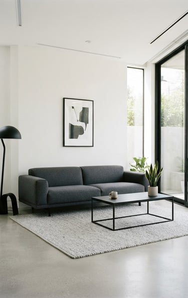 Sleek minimalist living room with high-key natural daylight, clean white walls, charcoal low-profile sofa, matte metal accents, wide architectural angle, 35mm